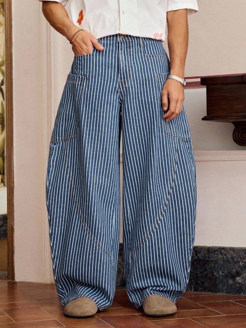Baby Blue Modern Casual Men's Striped Button Pocket Loose Long Wide Leg Jeans